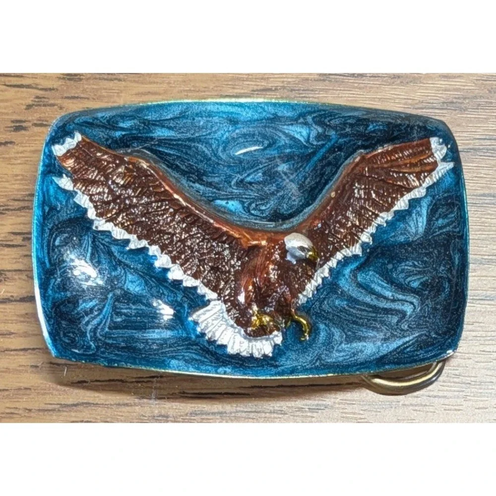 Great American Buckle Co 1978 Bald Eagle Blue Enamel Belt Buckle H504 USA Made